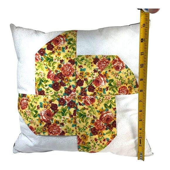 Floral Patchwork Pinkwheel Yellow Pink Throw Pillow 13”  Flowers Boho Cottage - Picture 5 of 5